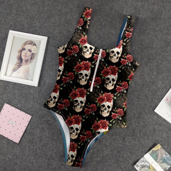 Gearhumans 3D Vintage Flowers Skulls Custom One Piece Swimsuit GW24052118 One-piece Swimsuit One-piece Swimsuit S 