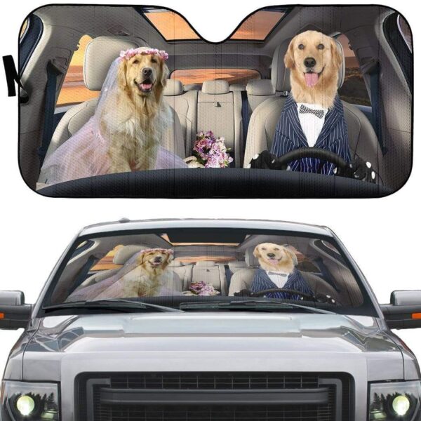 gearhumans 3D Wedding Golden Retriever Dogs Custom Car Auto Sunshade GV08065 Auto Sunshade