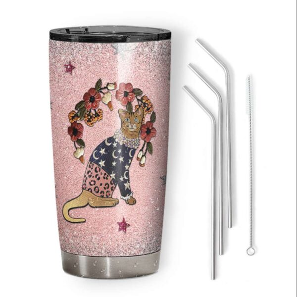 Gearhumans Gearhuman 3D Fashion Cat Embroidered Glitter Custom Design Vacuum Insulated Tumbler GC30071 Glitter Tumbler 20oz/Glitter