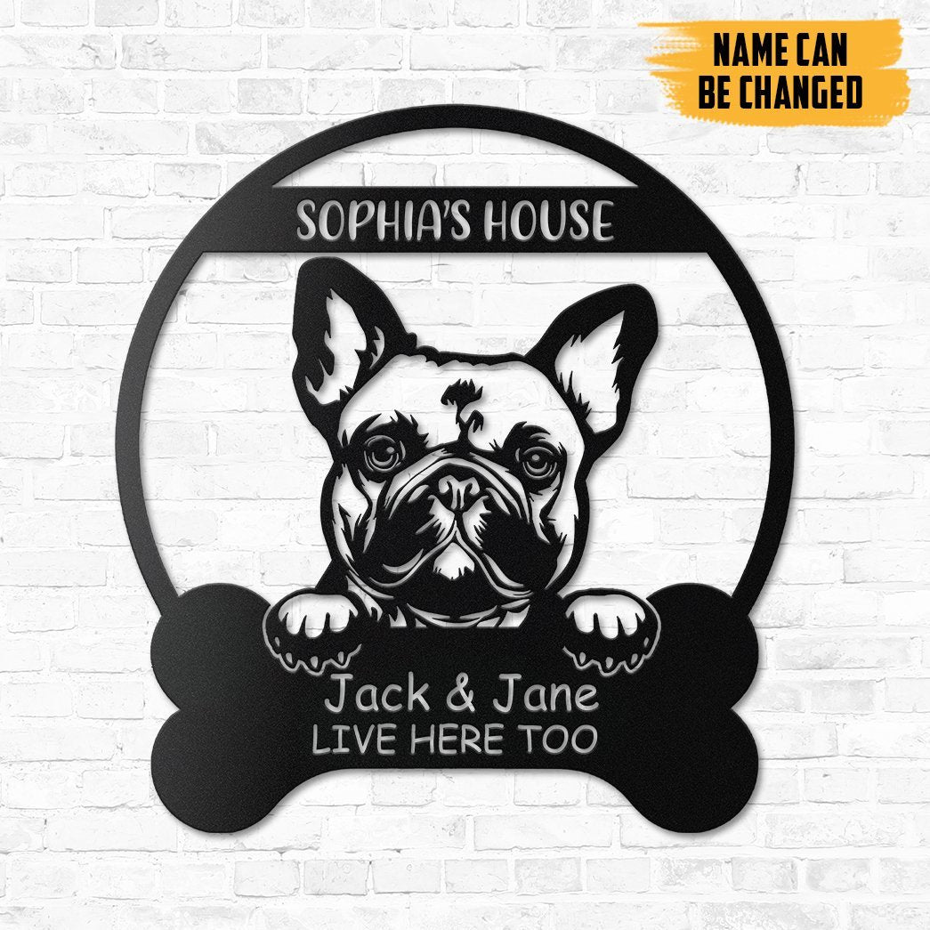 Gearhumans Gearhuman 3D French Bulldogs House Custom Name Metal Sign GW16039 Metal Sign Metal Sign XS(8'x8')