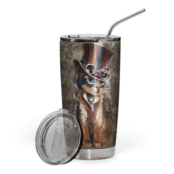 Gearhumans Gearhuman 3D Steampunk Cat Design Vacuum Insulated Glitter Tumbler GL04074 Tumbler 20oz