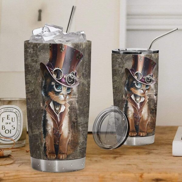 Gearhumans Gearhuman 3D Steampunk Cat Design Vacuum Insulated Glitter Tumbler GL04074 Tumbler