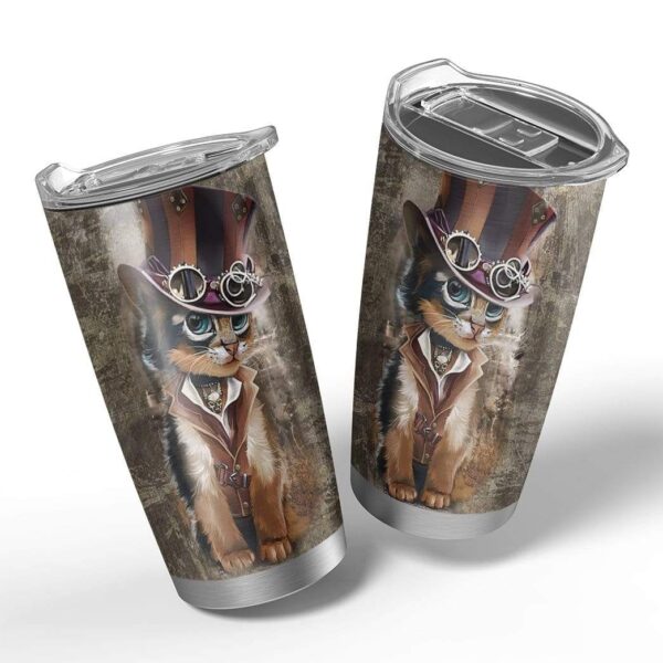 Gearhumans Gearhuman 3D Steampunk Cat Design Vacuum Insulated Glitter Tumbler GL04074 Tumbler