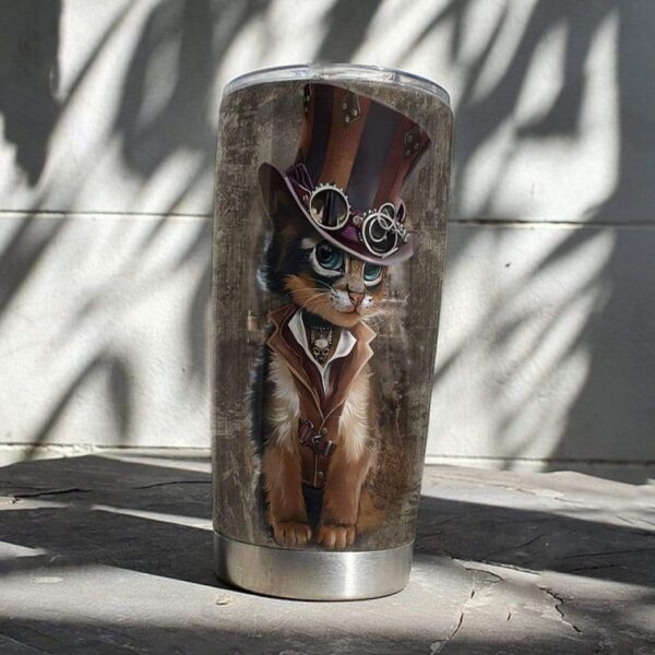 Gearhumans Gearhuman 3D Steampunk Cat Design Vacuum Insulated Glitter Tumbler GL04074 Tumbler
