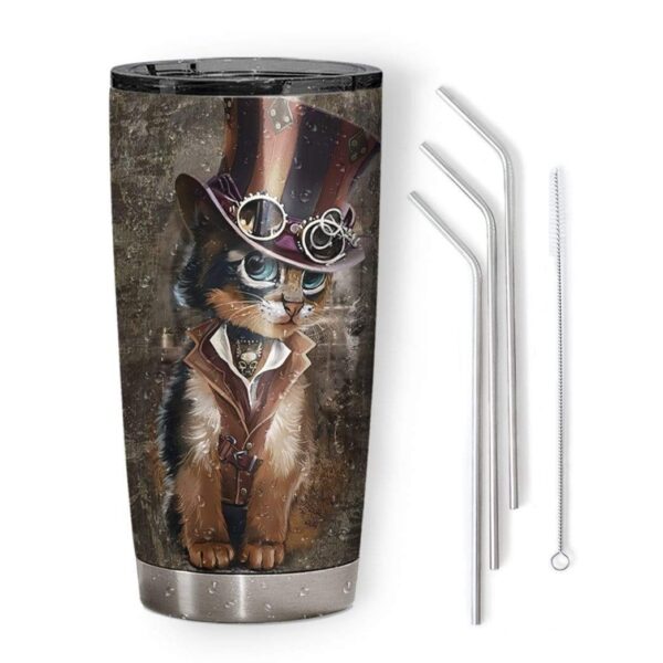 Gearhumans Gearhuman 3D Steampunk Cat Design Vacuum Insulated Glitter Tumbler GL04074 Tumbler