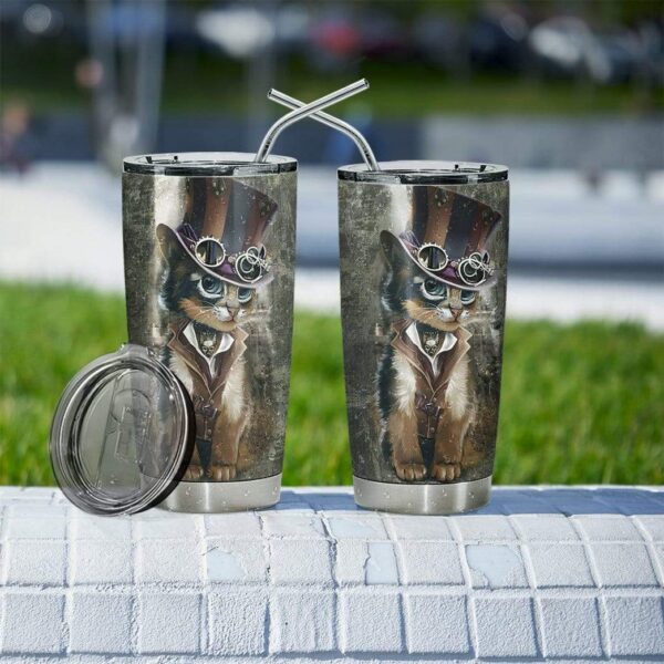Gearhumans Gearhuman 3D Steampunk Cat Design Vacuum Insulated Glitter Tumbler GL04074 Tumbler