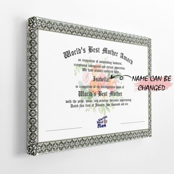 Gearhumans Gearhuman 3D Worlds Best Mom Certificate Award Mothers Day Gift Custom Name Canvas GW24038 Canvas