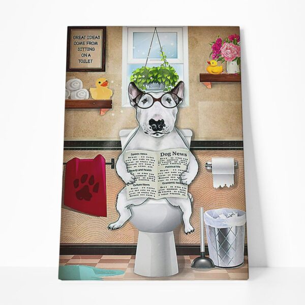 GearHuman 3D Toilet Seat Reading Newspaper Bull Terrier Dog Canvas GR190119 Canvas 1 Piece Non Frame M