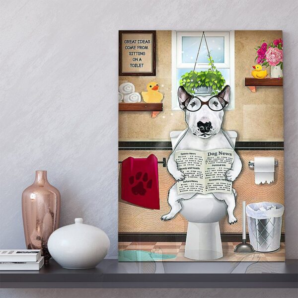 GearHuman 3D Toilet Seat Reading Newspaper Bull Terrier Dog Canvas GR190119 Canvas 