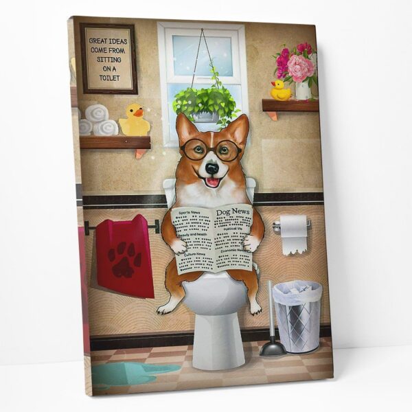 GearHuman 3D Toilet Seat Reading Newspaper Corgi Dog Canvas GR19014 Canvas 