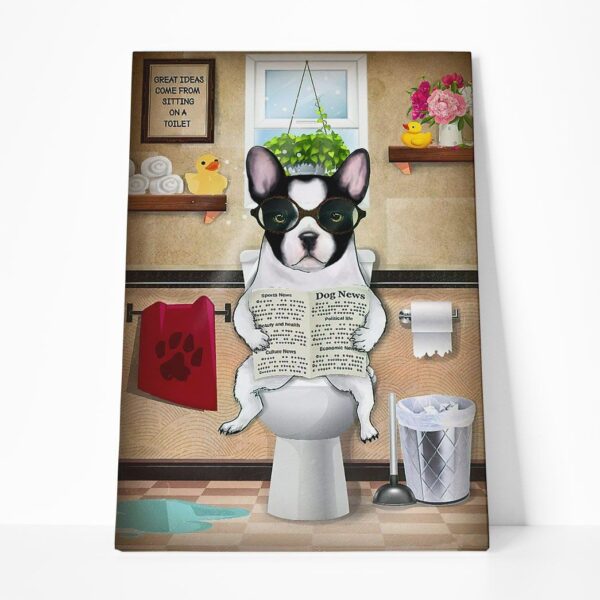GearHuman 3D Toilet Seat Reading Newspaper French Bulldog Dog Canvas GR19016 Canvas 1 Piece Non Frame M