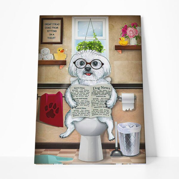 GearHuman 3D Toilet Seat Reading Newspaper Maltese Dog Canvas GR190118 Canvas 1 Piece Non Frame M