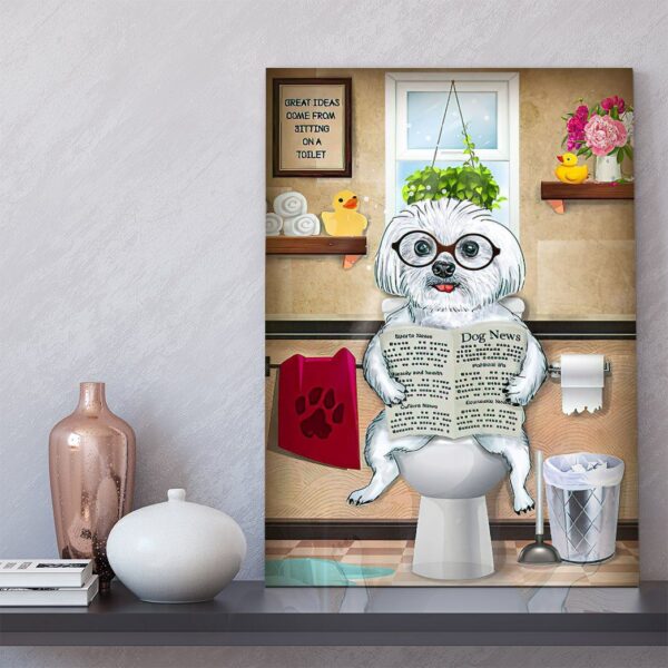 GearHuman 3D Toilet Seat Reading Newspaper Maltese Dog Canvas GR190118 Canvas 