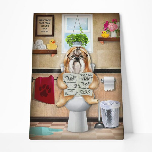 GearHuman 3D Toilet Seat Reading Newspaper Shih Tzu Dog Canvas GR19013 Canvas 1 Piece Non Frame M
