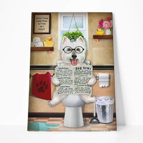 GearHuman 3D Toilet Seat Reading Newspaper White Terrier Dog Canvas GR190116 Canvas 1 Piece Non Frame M