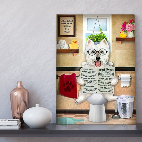 GearHuman 3D Toilet Seat Reading Newspaper White Terrier Dog Canvas GR190116 Canvas 