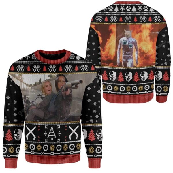 Ugly Woman Yelling At A Terminator Cat Custom Sweater Apparel MV-AT2611194 Ugly Christmas Sweater 