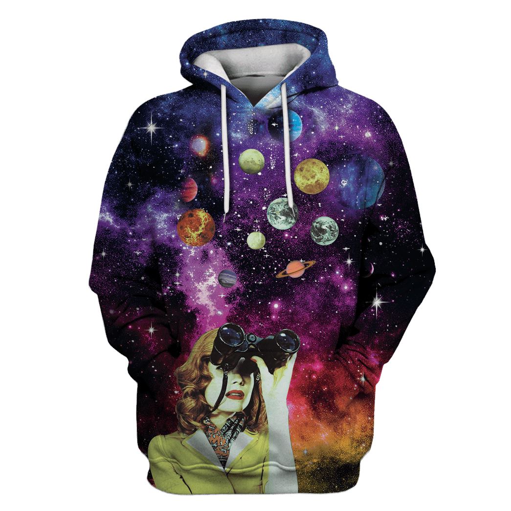 Woman Seeing The Galaxy With Binoculars Custom T-shirt - Hoodies Apparel HD-GH110469 3D Custom Fleece Hoodies Hoodie S